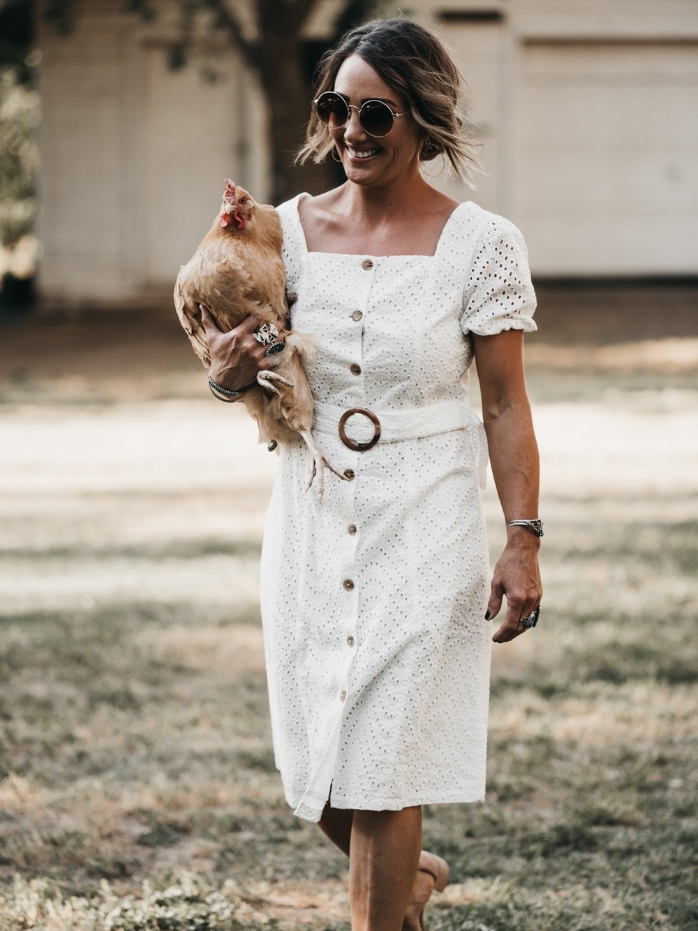NWT Square-Neck White Eyelet Midi Dress with Belt - Picture 5 of 6